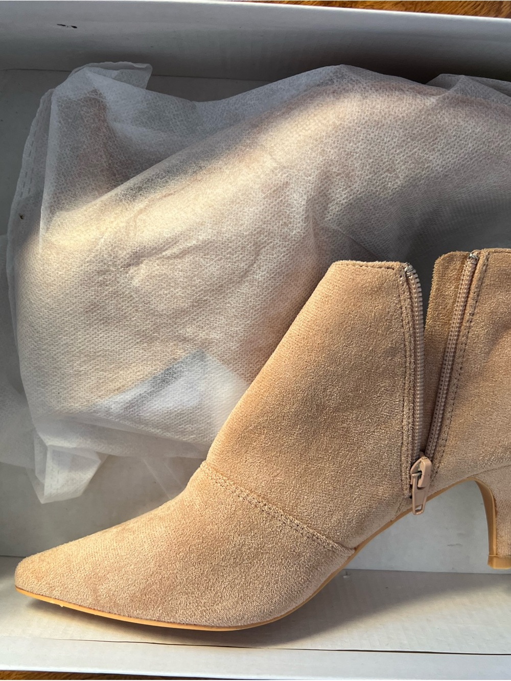 Pointed-Toe Suede Ankle Booties in Light Tan